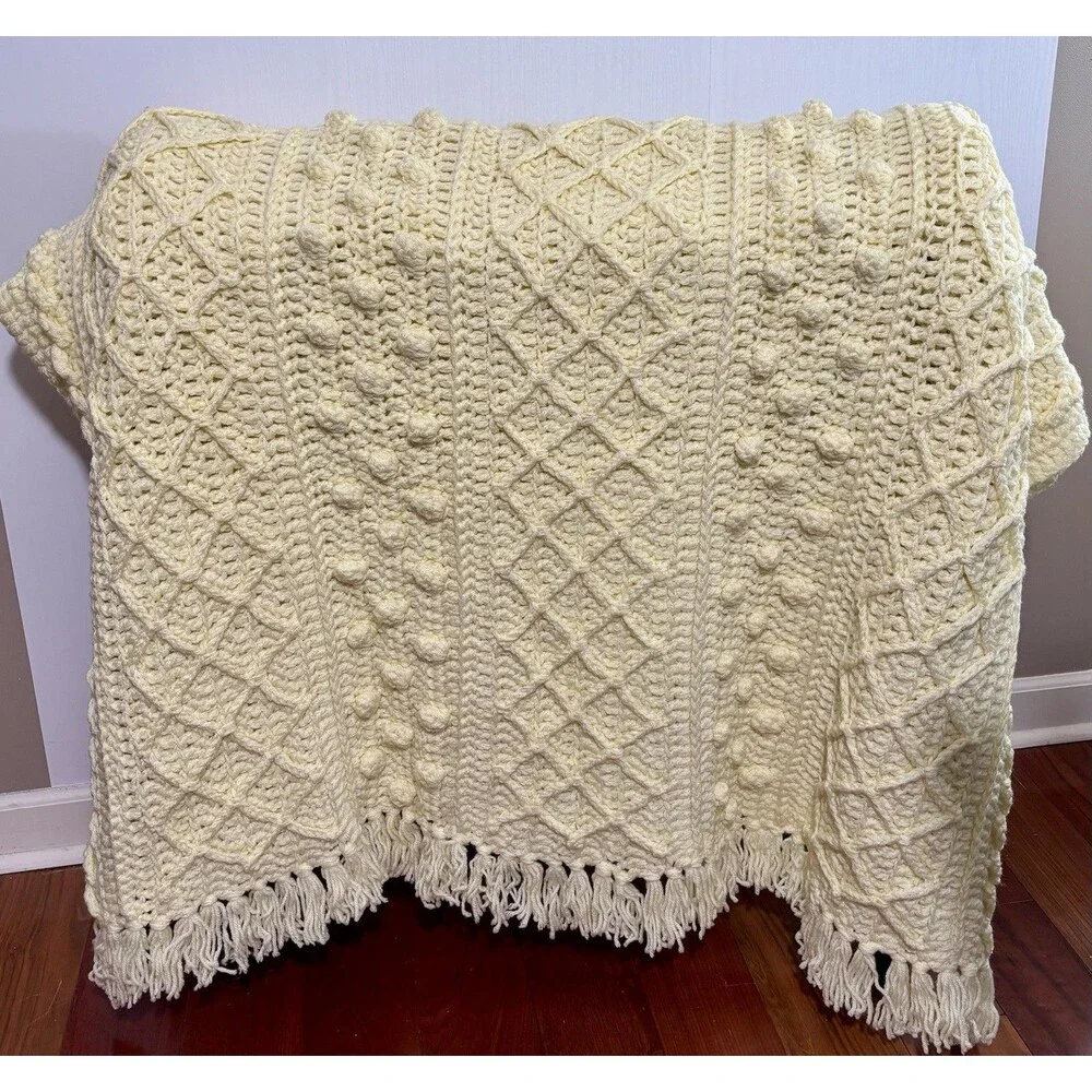Crochet Afghan Throw Blanket Yellow 3D Nolan Aran Diamond Bobble Fringe Handmade